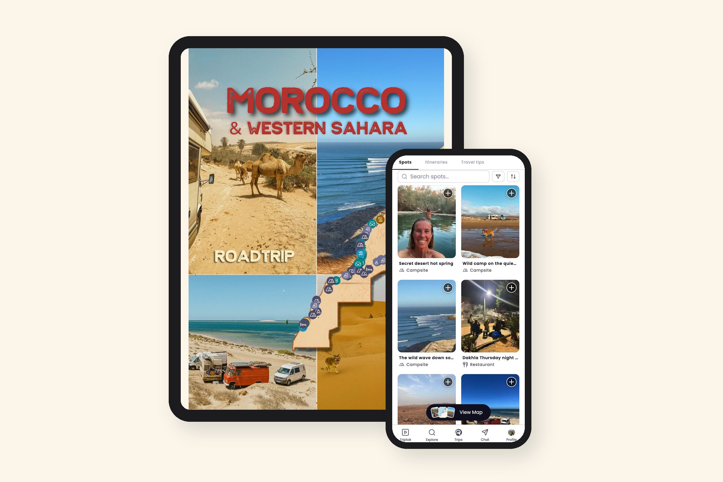 The Roadtrip Morocco and Western Sahara guide on an iPad and a phone